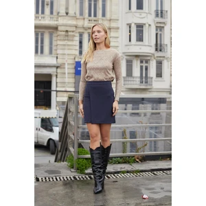 Kadın Hafif Likralı Kumaş Yüksek Bel Anvelop Kruvaze Hafif Mini Kalem Etek--Lacivert