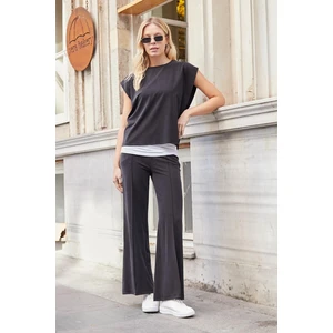 Kadın Modal Ipeksi Likralı Kumaş Yüksek Bel Önden Dikişli Cepli Bol Paça Palazzo Pantolon-Siyah