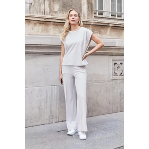 Kadın Modal Ipeksi Likralı Kumaş Yüksek Bel Önden Dikişli Cepli Bol Paça Palazzo Pantolon-Taş