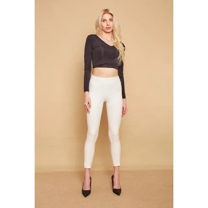 Power Strech Likralı Dar Kesim Yüksek Bel Beli Lastikli Bilek Boy Kumaş Pantolon -Krem