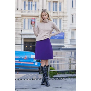 Yüksek Bel Hafif Likralı Kumaş Diz Boy Çan Etek-Mor