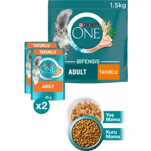 Purına One Adult Tavuklu Tam Tahıllı Yetişkin Kedi Maması 1.5kg + Tavuklu Yaş Kedi Maması 2X85G