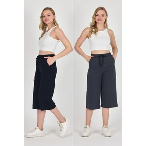 Yüksek Bel Cepli Rahat Kesim Mevsimlik Kadın Diz Altı 2'li Bermuda Siyah-Antrasit Kapri Şort