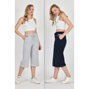 Yüksek Bel Cepli Rahat Kesim Mevsimlik Kadın Diz Altı 2'li Bermuda Siyah-Antrasit Kapri Şort