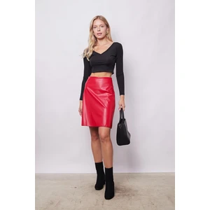 Kadın Hafif Likralı Deri Yüksek Bel Diz Boy Çan Etek-Kırmızı