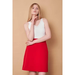 Yüksek Bel Hafif Likralı Kumaş Diz Boy Çan Etek-Kırmızı