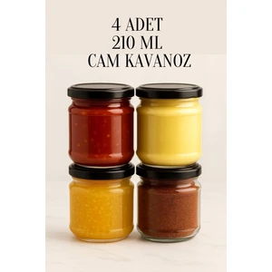 4 Adet 210 ml Metal Konserve Kapaklı Mama Yoğurt Saklama 210 cc Şeffaf Cam Kavanoz