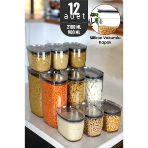 Gerçek Vakumlu Silikon Kapaklı Kristal Erzak Bakliyat Saklama Kabı Seti Baharatlık 6X900ML 6X2100ML Şeffaf