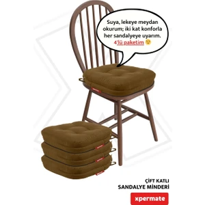 4'lü Çift Kat Sandalye Minderi Fermuarlı Yıkanabilir Kılıf Bağcıklı Su ve Yağ Itici 42 x 42 x 8 Kahverengi