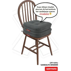 2'li Çift Kat Sandalye Minderi Fermuarlı Yıkanabilir Kılıf Bağcıklı Su ve Yağ Itici 42 x 42 x 8 Antrasit