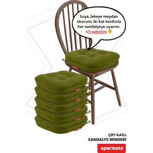 6'lı Çift Kat Sandalye Minderi Fermuarlı Yıkanabilir Kılıf Bağcıklı Su ve Yağ Itici 42 x 42 x 8 Yeşil