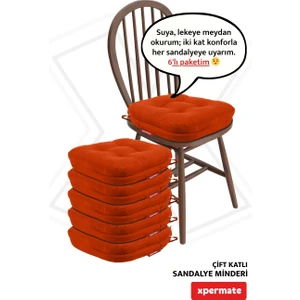 6'lı  Çift Kat Sandalye Minderi Fermuarlı Yıkanabilir Kılıf Bağcıklı Su ve Yağ Itici 42 x 42 x 8 Kiremit