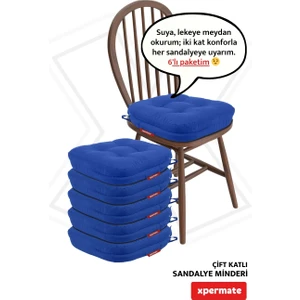 6'lı  Çift Kat Sandalye Minderi Fermuarlı Yıkanabilir Kılıf Bağcıklı Su ve Yağ Itici 42 x 42 x 8 Mavi