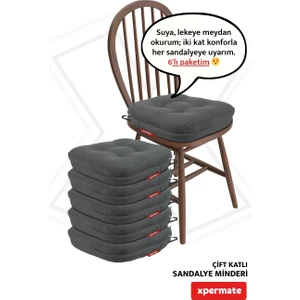 6'lı Çift Kat Sandalye Minderi Fermuarlı Yıkanabilir Kılıf Bağcıklı Su ve Yağ Itici 42 x 42 x 8 Antrasit