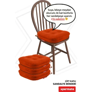 4'lü Çift Kat Sandalye Minderi Fermuarlı Yıkanabilir Kılıf Bağcıklı Su ve Yağ Itici 42 x 42 x 8 Kiremit