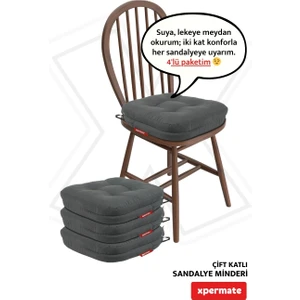 4'lü Çift Kat Sandalye Minderi Fermuarlı Yıkanabilir Kılıf Bağcıklı Su ve Yağ Itici 42 x 42 x 8 Antrasit