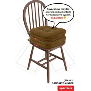 2'li Çift Kat Sandalye Minderi Fermuarlı Yıkanabilir Kılıf Bağcıklı Su ve Yağ Itici 42 x 42 x 8 Kahverengi