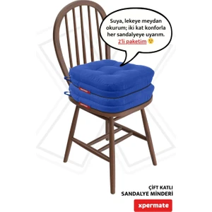 2'li Çift Kat Sandalye Minderi Fermuarlı Yıkanabilir Kılıf Bağcıklı Su ve Yağ Itici 42 x 42 x 8 Mavi