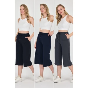 Yüksek Bel Cepli Rahat Kesim Mevsimlik Kadın Diz Altı 3'lü Bermuda Siyah-Lacivert-Antrasit Kapri Şort