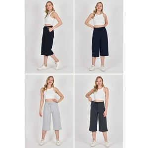 Yüksek Bel Cepli Rahat Kesim Mevsimlik Kadın Diz Altı 4'lü Bermuda Siyah-Lacivert-Gri-Antrasit Kapri
