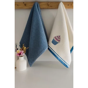2’li Mutfak Havlusu –%100 Pamuk - Cupcake Nakışlı - 40X60 Cm-Indigo