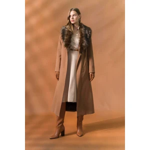 Kadın Uzun Kaban Taba Renkli Dokuma Kalın Siluete Sahip 2024 Sonbahar Kış Modası