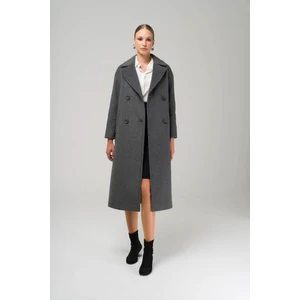 3860-Y 1004 Koyu Gri Kadın Kruvaze Ara Boy Oversize Kaban