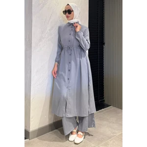 Kendinden Desenli Bel Bağlama Detaylı Tesettür Tunik Pantolon Ikili Takım P-00017823