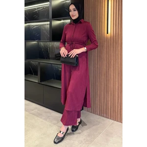 Kendinden Desenli Bel Bağlama Detaylı Tesettür Tunik Pantolon Ikili Takım P-00017823