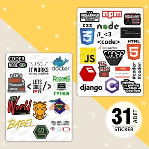 Yazılım Sticker Seti, Kodlama Temalı Sticker, 31 Adet Coder Sticker, Yazılımcı Etiket Seti