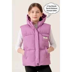 Kız Çocuk Kapüşonlu Cepli Astarlı Mevsimlik Şişme Yelek