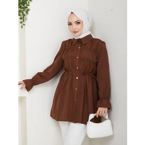 Kadın Düğmeli Bağcık Detaylı Kahverengi Gömlek