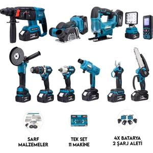 Onbirli Set Ş.hilti+Ş.spral+S.sıkma+Matkap+Ş.testere+Ş.makas+Ş.dekupaj+Lazer Metre+Otoyıkama+Taşlama