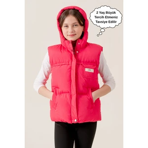 Kız Çocuk Kapüşonlu Cepli Astarlı Mevsimlik Şişme Yelek