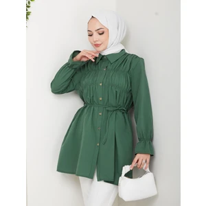 Kadın Düğmeli Bağcık Detaylı Yeşil Gömlek