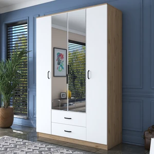 BA131 Geniş Gardırop Elbise Dolabı Aynalı Kapaklı 2 Çekmeceli 13 Raflı 1 Askılı Sepet Ceviz - Beyaz