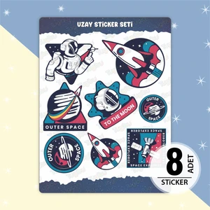 Uzay Sticker Seti, Astronot Temalı Sticker, 8 Adet Uzay Etiket