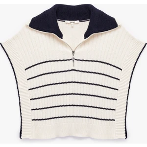 Yanları Yırtmaçlı Yarım Fermuarlı Polo Yaka Çizgili Triko Süveter