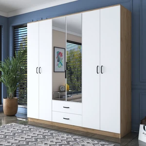 BA130 Geniş Gardırop Elbise Dolabı Aynalı Kapaklı 2 Çekmeceli 6 Raflı 3 Askılı Sepet Ceviz - Beyaz