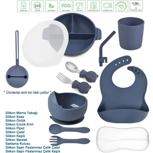 Silikon Beslenme Seti Kapaklı Vakumlu Silikon Mama Tabağı, Bardak, Kase, Pipet, Önlük, Çatal, Kaşık, Paslanmaz Çelik Çatal-Kaşık ve Saklama Kutusu / Lacivert