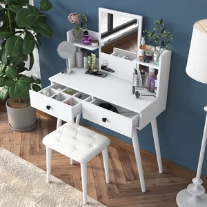 BJ159 Aynalı Kulis Makyaj Tuvalet Masası 2 Çekmeceli Raflı Takı Düzenleyici Puf Takım Beyaz