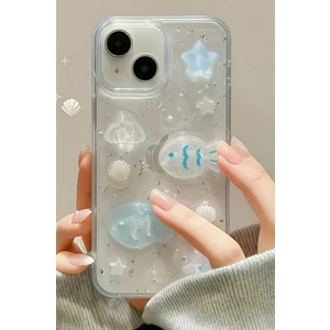 Apple iPhone 13 - 14 - 15 Kılıf Simli Mavi Balık ve Deniz Kabuğu Desenli Tasarımlı Silikon Kapak