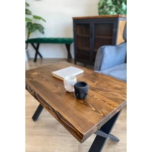 Masif Ahşap Ceviz Renk Natürel Sehpa Doğal Metal Ayaklı Orta Sehpa