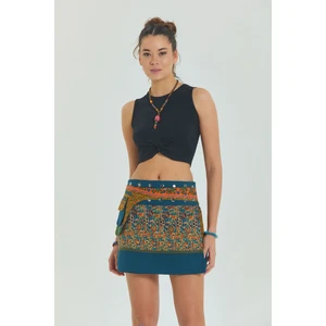 Çiçekli Patch Zımba Detaylı Cepli Mini Etek