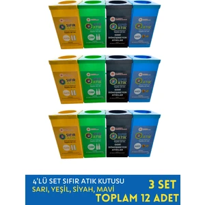 Han Plus Sıfır Atık Kutusu – 4'lü Set, 3 Takım, Etiketli Geri Dönüşüm Kutusu, Otel, Fabrika ve İşyeri Kullanımına Uygun (Toplam 12 Adet)
