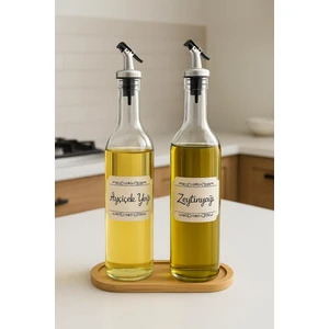 Ahşap Standlı 2'li Yağ ve Sirke Şişesi 750 ml Yağlık Zeytinyağ Sıvıyağ Şişesi Şeffaf Cam Yağdanlık