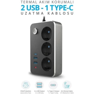 Akım Korumalı 2 USB Li 1 Typc 3 Lü Priz Açma Kapama Anahtarlı