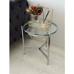 Metal Camlı Yan Sehpa Gümüş - Şeffaf