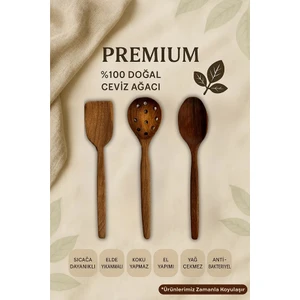 3'lü %100 Doğal Çizme Yapmaz Ceviz Ağacı Ahşap Mutfak Seti – Spatula, Kaşık, Kevgir