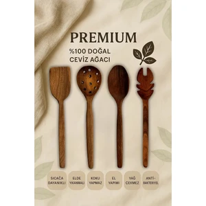 4'lü %100 Doğal Çizme Yapmaz Ceviz Ağacı Ahşap Mutfak Seti – Spatula, Kaşık, Kevgir, Maşa